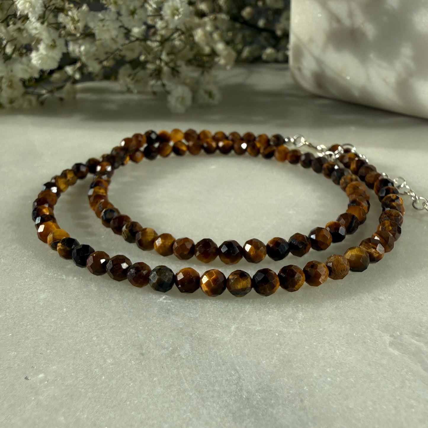 Tigers Eye Necklace, Choker, Tiny 4mm Gemstones, August Birthstone Silver Necklace, Anniversary Birthday Christmas Personalized Gift For Her, Ultra Jewellery