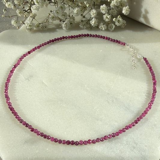 Dainty Ruby Necklace, Choker, Tiny 3mm Beaded Necklace, July Birthstone Necklace, Pink, Anniversary Birthday Christmas Gift For Her, Ultra Jewellery