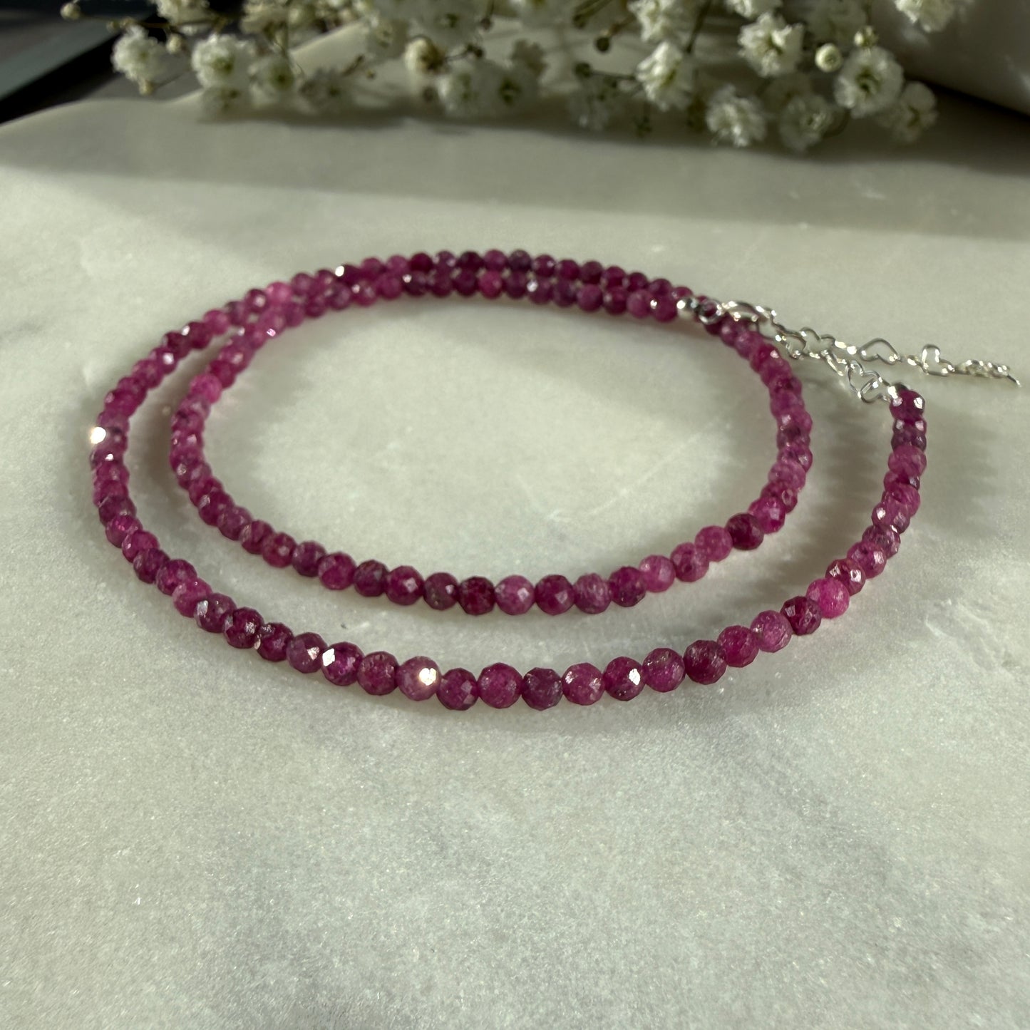 Dainty Ruby Necklace, Choker, Tiny 3mm Beaded Necklace, July Birthstone Necklace, Pink, Anniversary Birthday Christmas Gift For Her, Ultra Jewellery