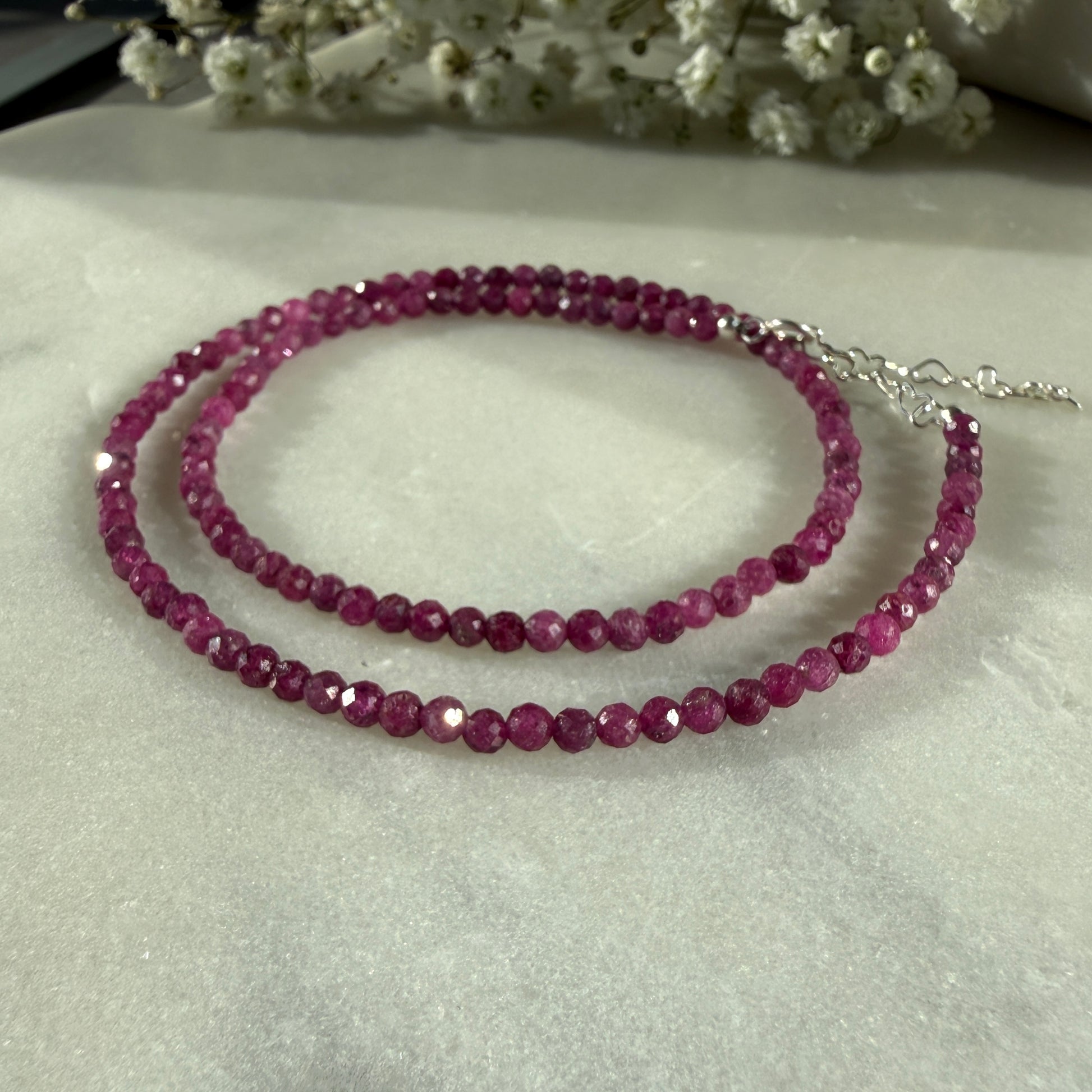 Dainty Ruby Necklace, Choker, Tiny 3mm Beaded Necklace, July Birthstone Necklace, Pink, Anniversary Birthday Christmas Gift For Her, Ultra Jewellery