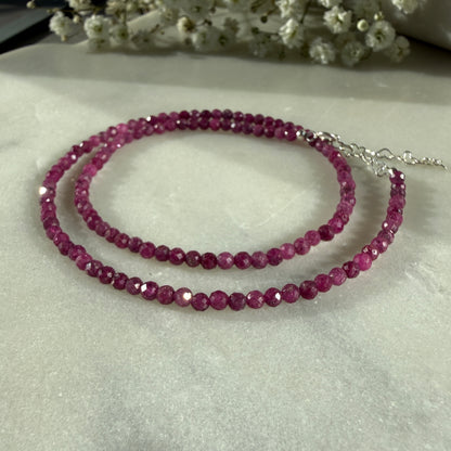 Dainty Ruby Necklace, Choker, Tiny 3mm Beaded Necklace, July Birthstone Necklace, Pink, Anniversary Birthday Christmas Gift For Her, Ultra Jewellery