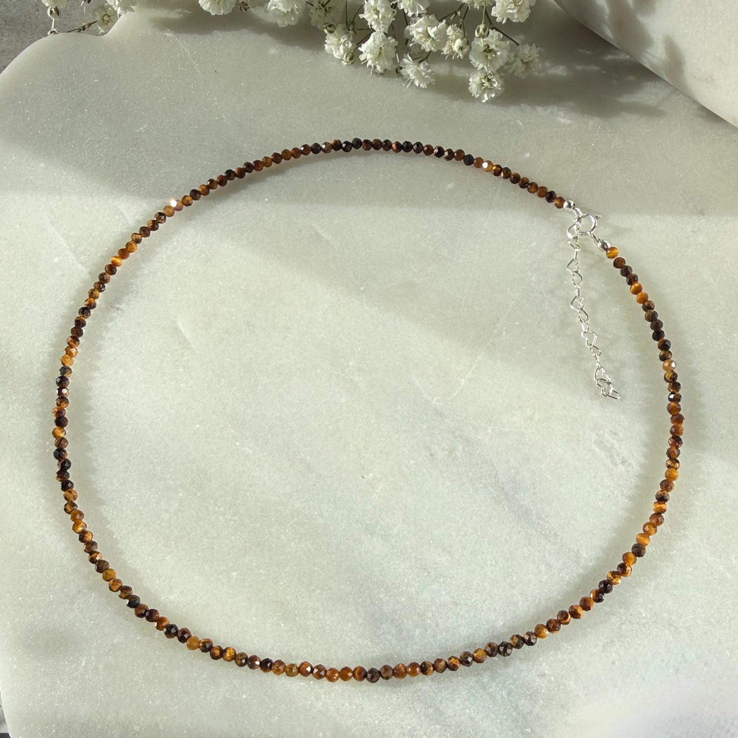 Dainty Tigers Eye Necklace, Choker, Minimalist 2mm Gemstones, August Birthstone Silver Necklace, Anniversary Birthday Christmas Gift For Her