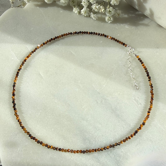 Dainty Tigers Eye Necklace, Choker, Minimalist 2mm Gemstones, August Birthstone Silver Necklace, Anniversary Birthday Christmas Gift For Her