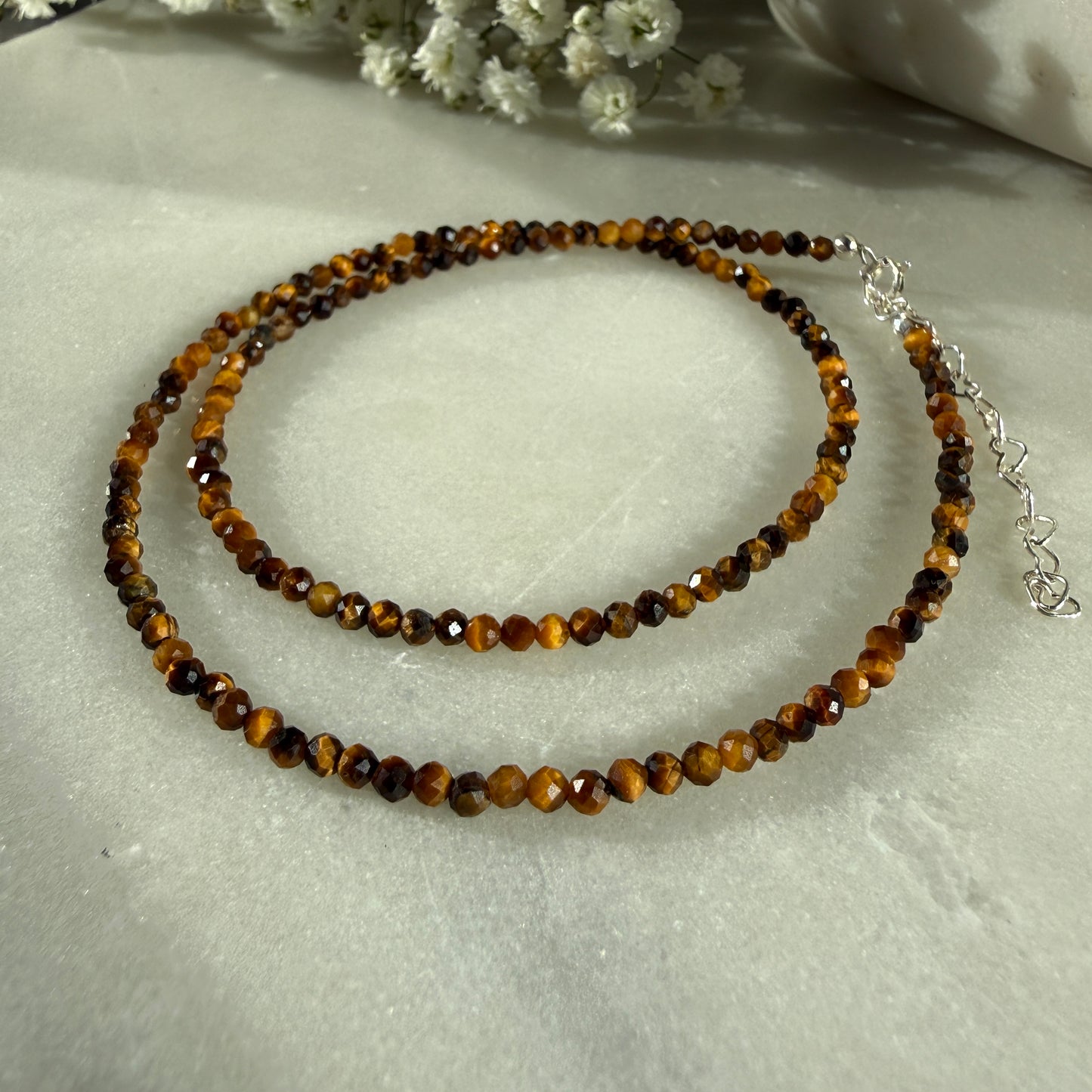 Dainty Tigers Eye Necklace, Choker, Minimalist 2mm Gemstones, August Birthstone Silver Necklace, Anniversary Birthday Christmas Gift For Her