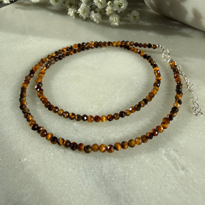 Dainty Tigers Eye Necklace, Choker, Minimalist 2mm Gemstones, August Birthstone Silver Necklace, Anniversary Birthday Christmas Gift For Her