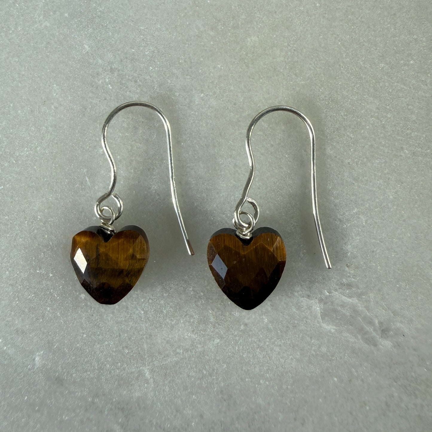Tigers Eye Earrings, Heart Silver Earrings