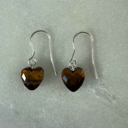 Tigers Eye Earrings, Heart Silver Earrings