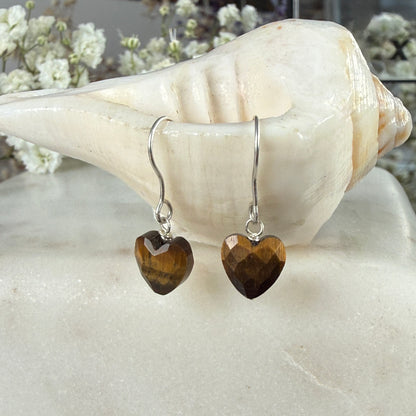 Tigers Eye Earrings, Heart Silver Earrings