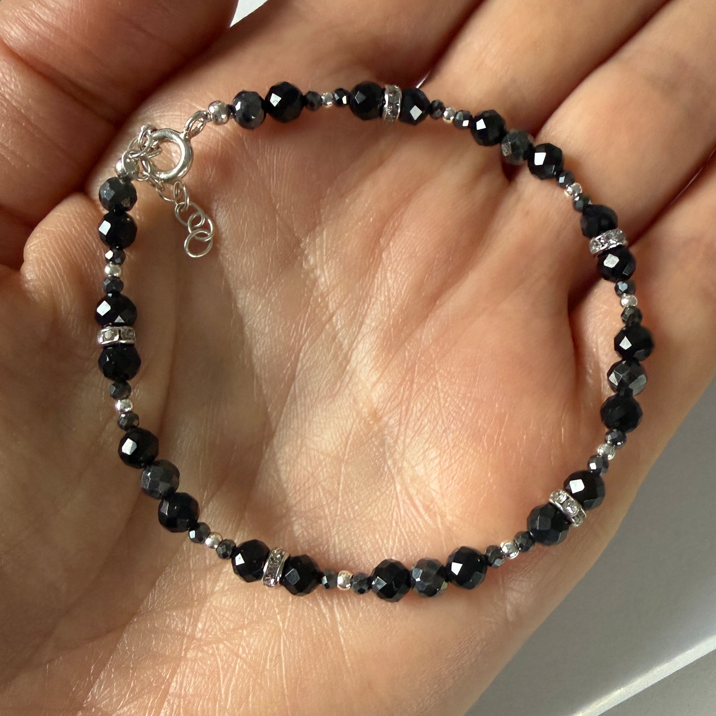 Black Tourmaline Hematite Bracelet, March Birthstone and October Birthstone Silver Bracelet, Anniversary Birthday Christmas Gift For Her, Ultra Jewellery