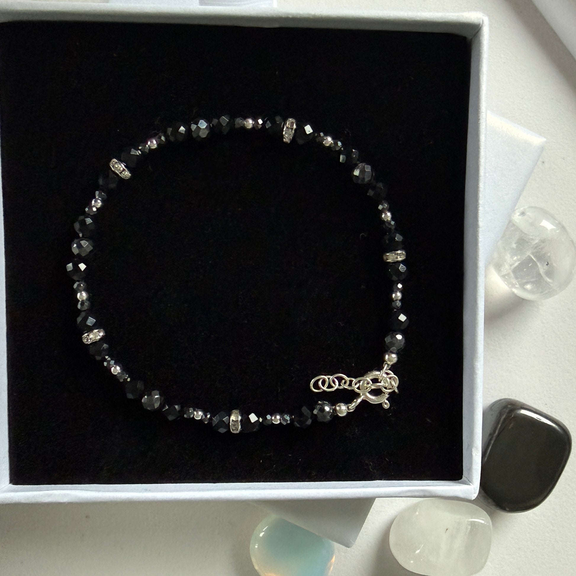 Black Tourmaline Hematite Bracelet, March Birthstone and October Birthstone Silver Bracelet, Anniversary Birthday Christmas Gift For Her, Ultra Jewellery