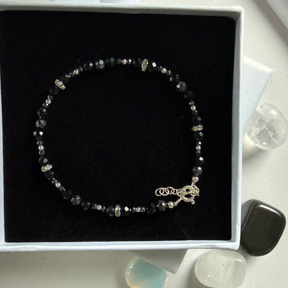 Black Tourmaline Hematite Bracelet, March Birthstone and October Birthstone Silver Bracelet, Anniversary Birthday Christmas Gift For Her, Ultra Jewellery