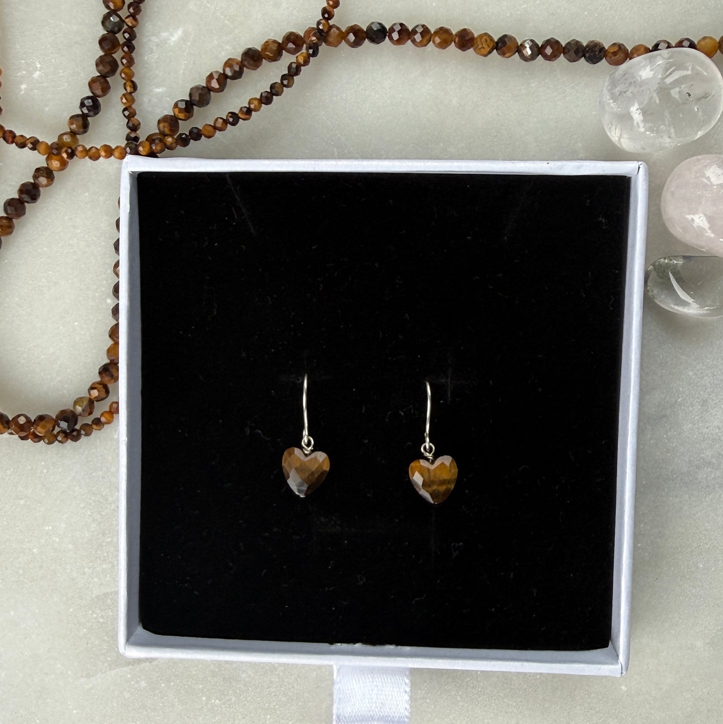 Tigers Eye Earrings, Heart Silver Earrings
