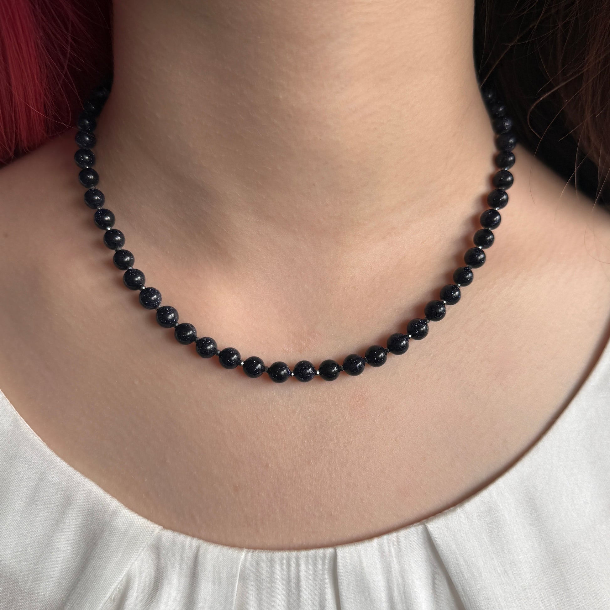 Goldstone Hematite Necklace, 6mm March Birthstone Silver Necklace, Choker 16-18in, Mothers Day Anniversary Birthday Christmas Gift For Her, Ultra Jewellery