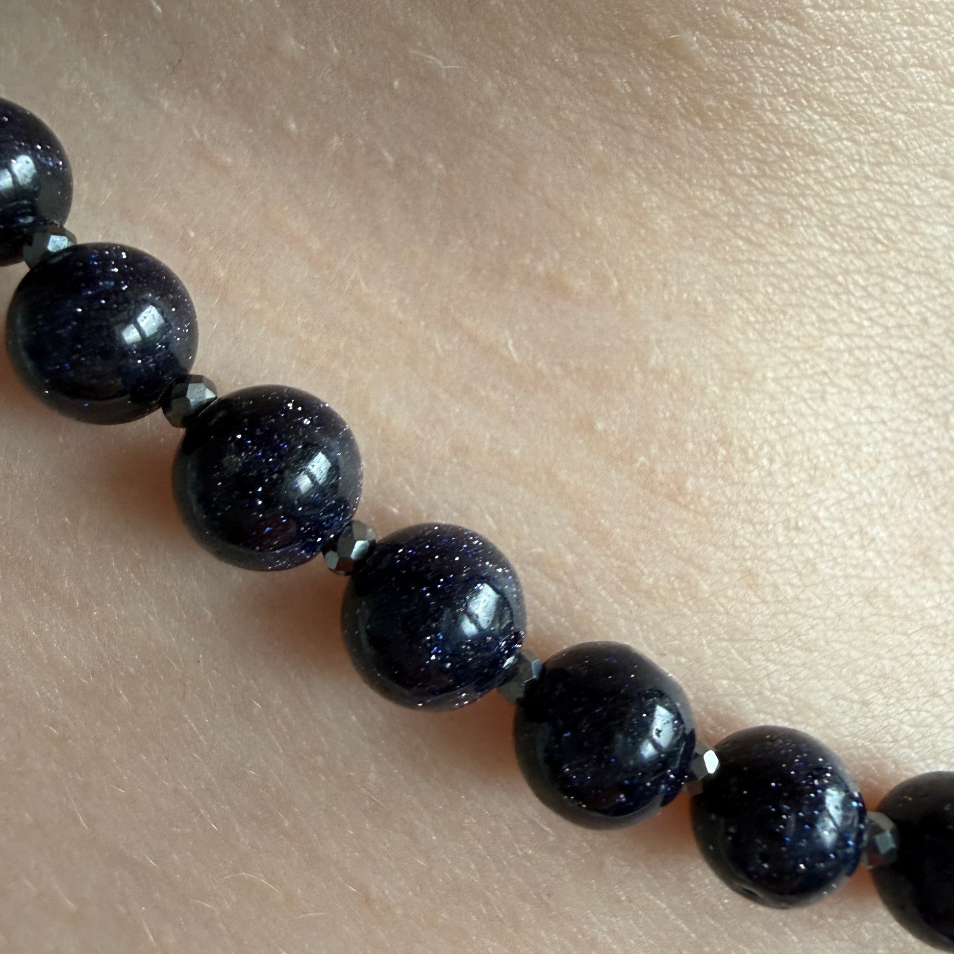 Goldstone Hematite Necklace, 6mm March Birthstone Silver Necklace, Choker 16-18in, Mothers Day Anniversary Birthday Christmas Gift For Her, Ultra Jewellery