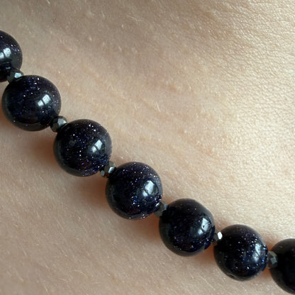 Goldstone Hematite Necklace, 6mm March Birthstone Silver Necklace, Choker 16-18in, Mothers Day Anniversary Birthday Christmas Gift For Her, Ultra Jewellery