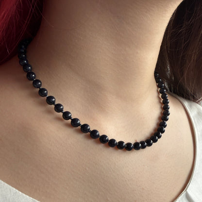 Goldstone Hematite Necklace, 6mm March Birthstone Silver Necklace, Choker 16-18in, Mothers Day Anniversary Birthday Christmas Gift For Her, Ultra Jewellery