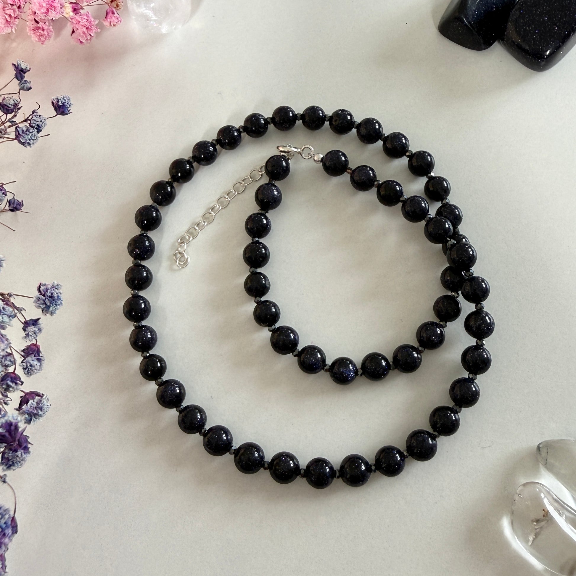 Goldstone Hematite Necklace, 6mm March Birthstone Silver Necklace, Choker 16-18in, Mothers Day Anniversary Birthday Christmas Gift For Her, Ultra Jewellery