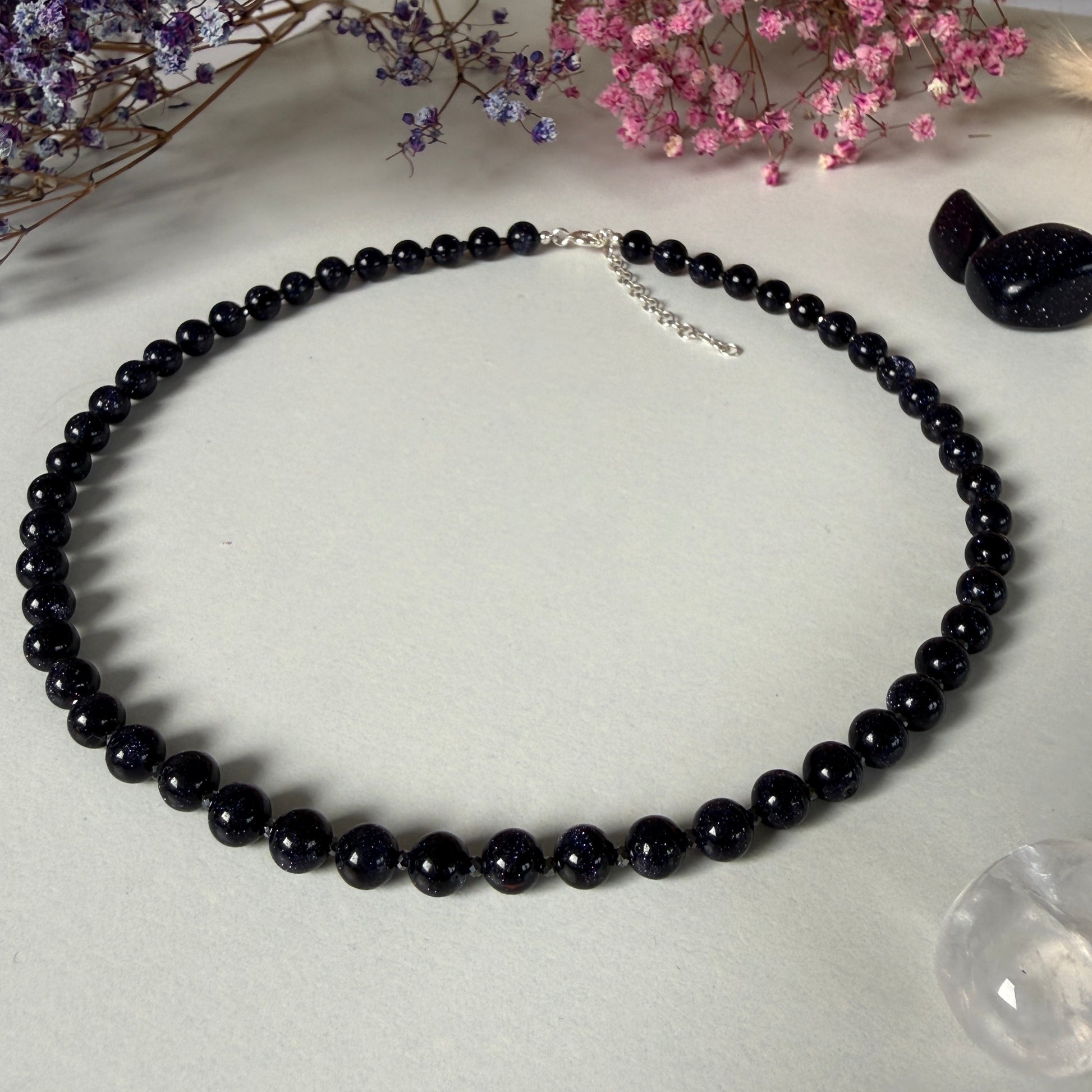 Goldstone Hematite Necklace, 6mm March Birthstone Silver Necklace, Choker 16-18in, Mothers Day Anniversary Birthday Christmas Gift For Her, Ultra Jewellery