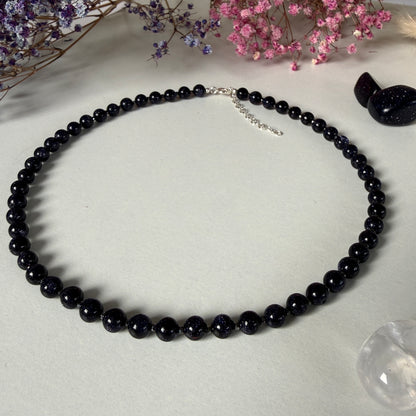 Goldstone Hematite Necklace, 6mm March Birthstone Silver Necklace, Choker 16-18in, Mothers Day Anniversary Birthday Christmas Gift For Her, Ultra Jewellery