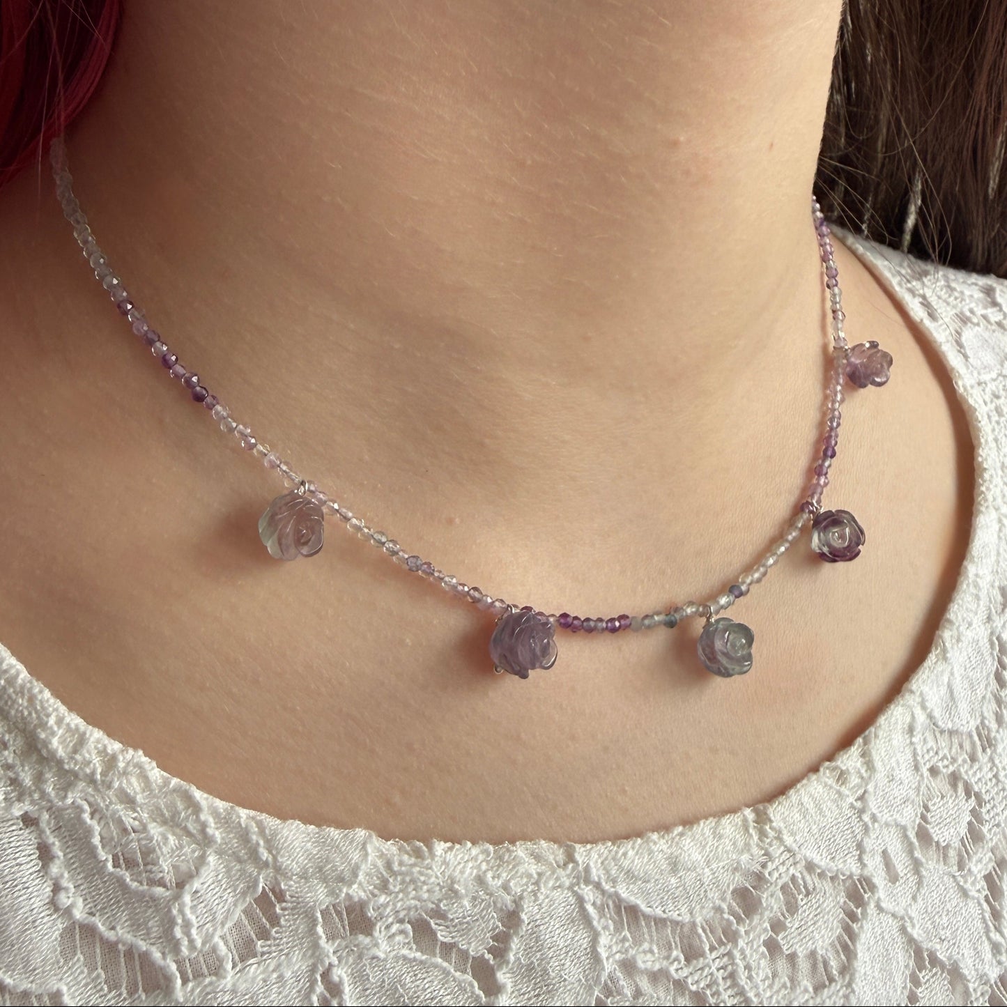 Rose Charm Necklace, 2mm Fluorite February Birthstone Silver Necklace, Choker, Anniversary Gift, Birthday Personalized Gift For Her, Ultra Jewellery
