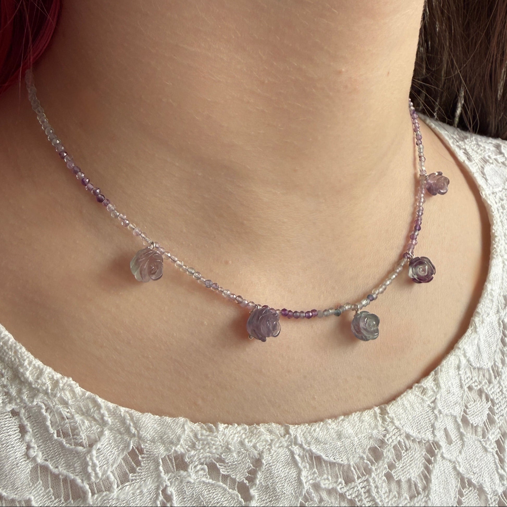 Rose Charm Necklace, 2mm Fluorite February Birthstone Silver Necklace, Choker, Anniversary Gift, Birthday Personalized Gift For Her, Ultra Jewellery