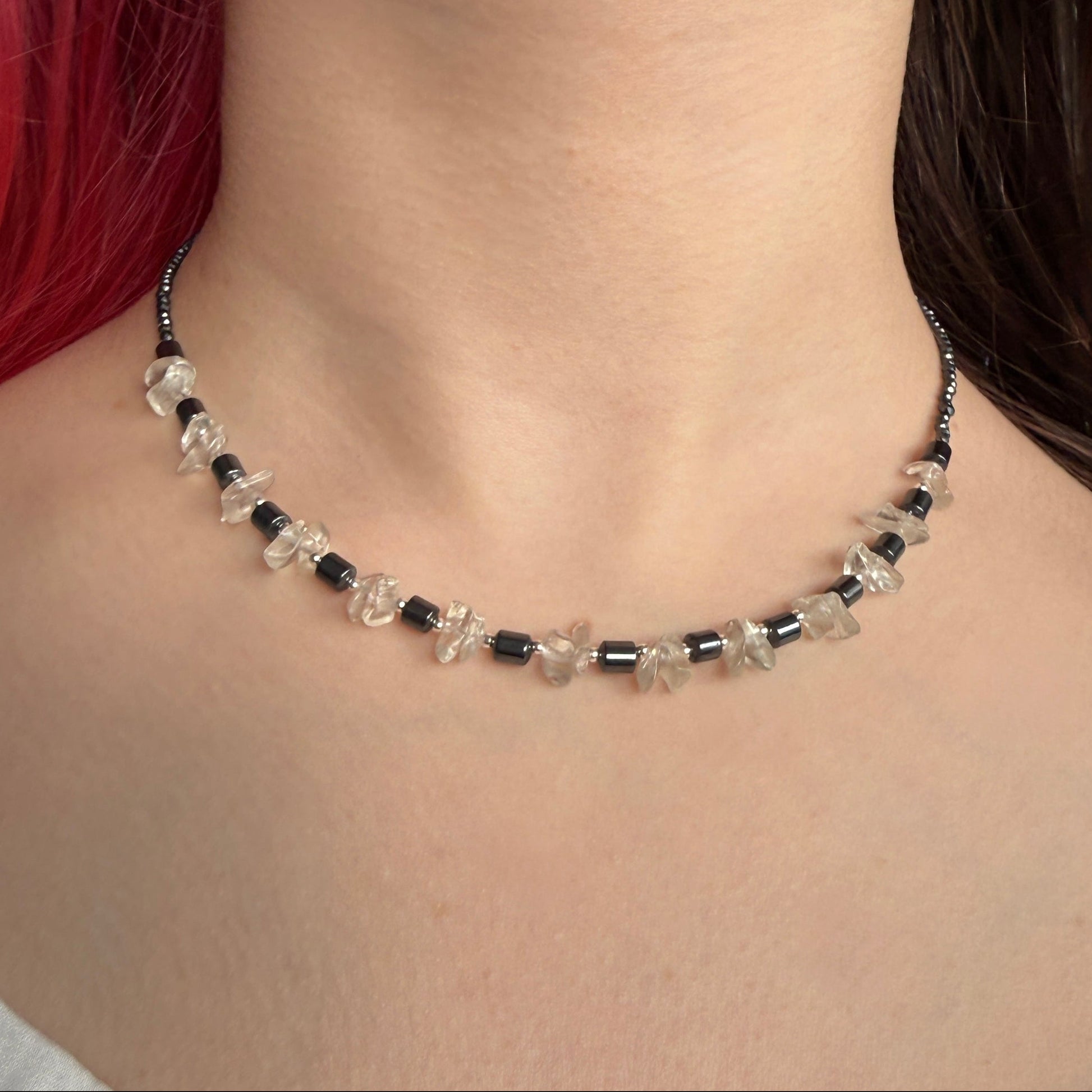 Hematite Rock Crystal Necklace, Quartz Minimalist 2mm Silver Necklace, Choker, Mothers Day Anniversary Birthday Personalized Gift for Her, Ultra Jewellery