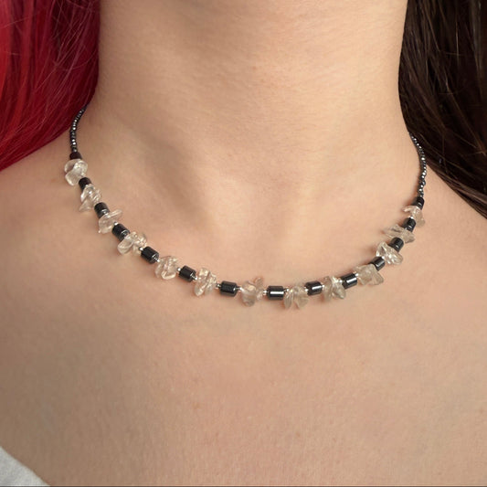 Hematite Rock Crystal Necklace, Quartz Minimalist 2mm Silver Necklace, Choker, Mothers Day Anniversary Birthday Personalized Gift for Her, Ultra Jewellery