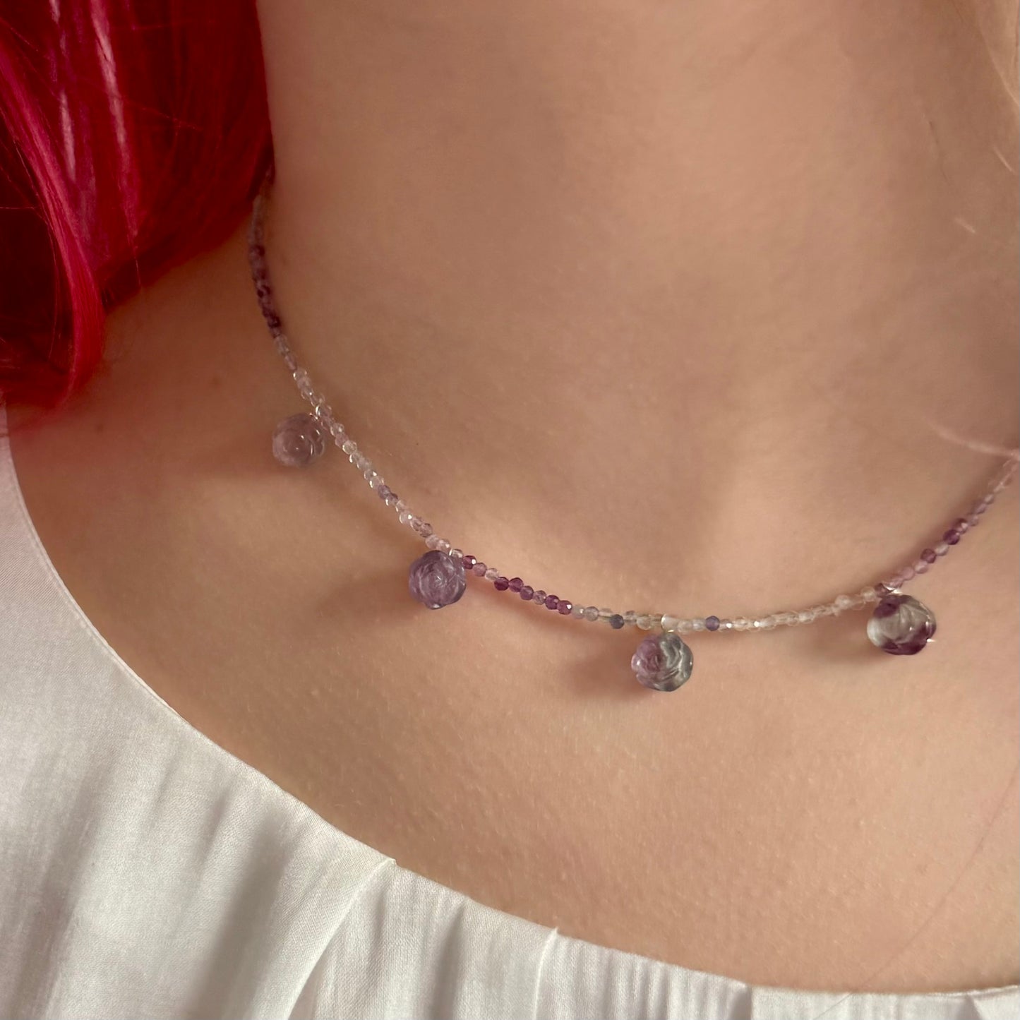 Rose Charm Necklace, 2mm Fluorite February Birthstone Silver Necklace, Choker, Anniversary Gift, Birthday Personalized Gift For Her, Ultra Jewellery