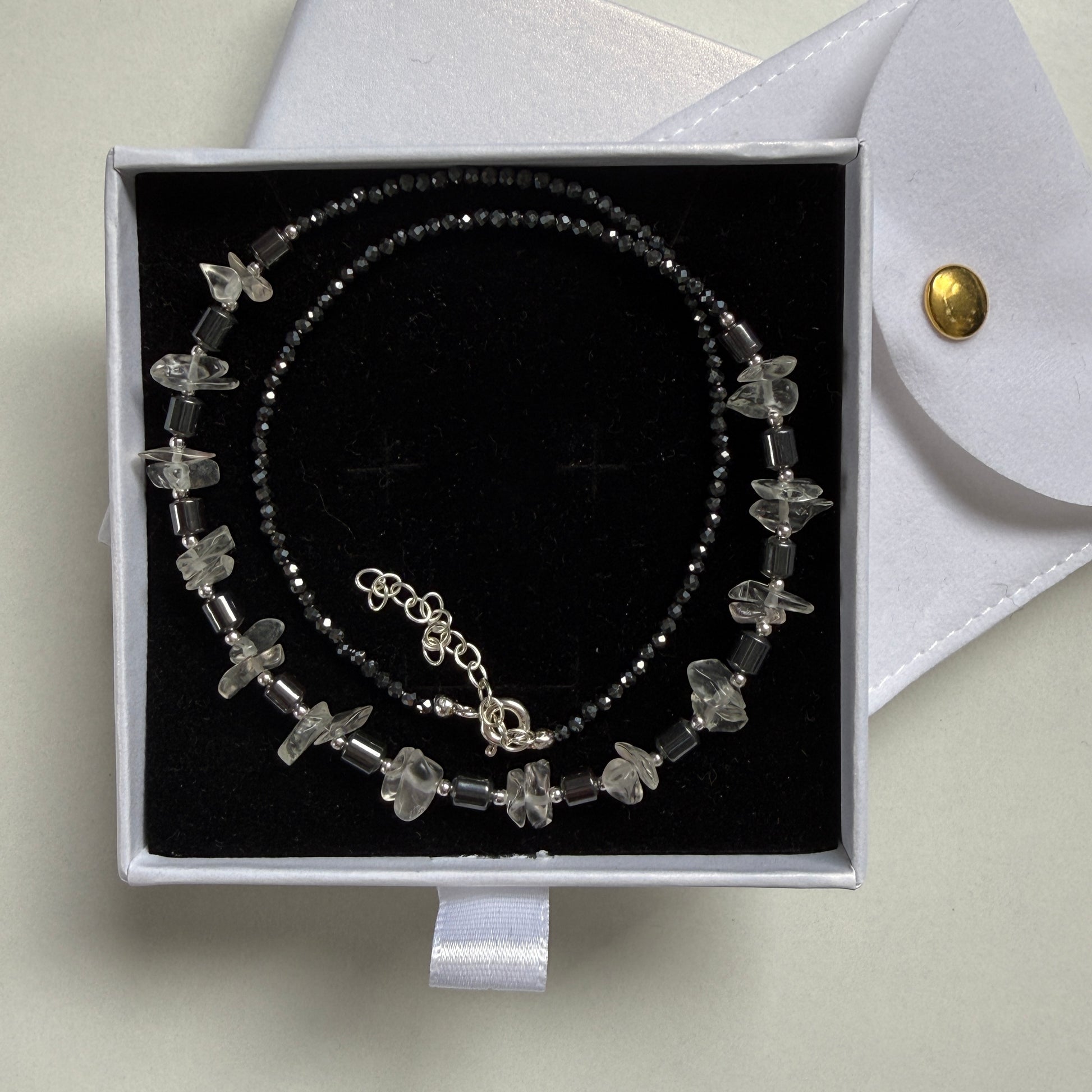 Hematite Rock Crystal Necklace, Quartz Minimalist 2mm Silver Necklace, Choker, Mothers Day Anniversary Birthday Personalized Gift for Her, Ultra Jewellery