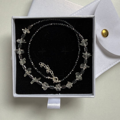 Hematite Rock Crystal Necklace, Quartz Minimalist 2mm Silver Necklace, Choker, Mothers Day Anniversary Birthday Personalized Gift for Her, Ultra Jewellery