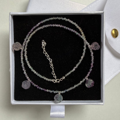 Rose Charm Necklace, 2mm Fluorite February Birthstone Silver Necklace, Choker, Anniversary Gift, Birthday Personalized Gift For Her, Ultra Jewellery