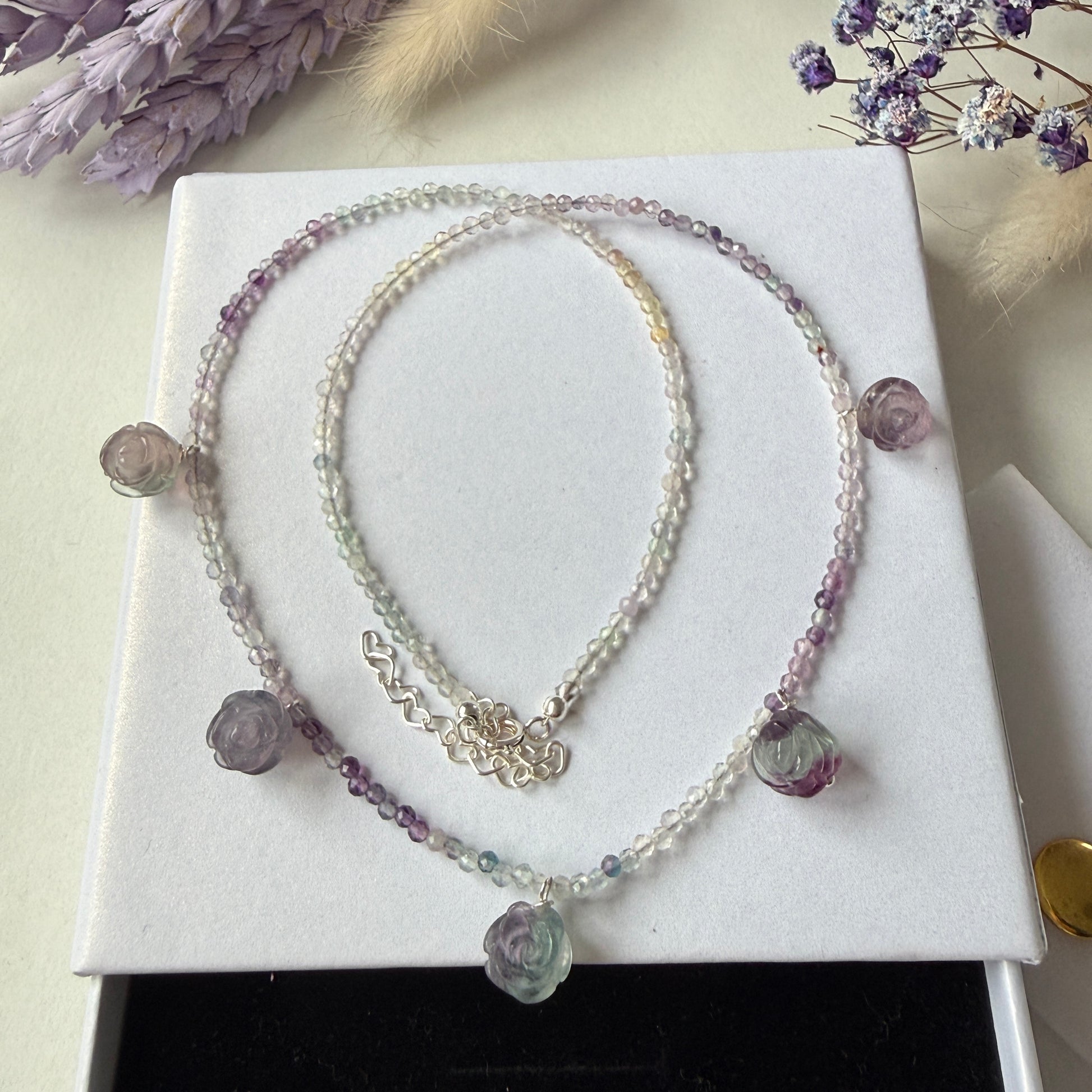 Rose Charm Necklace, 2mm Fluorite February Birthstone Silver Necklace, Choker, Anniversary Gift, Birthday Personalized Gift For Her, Ultra Jewellery
