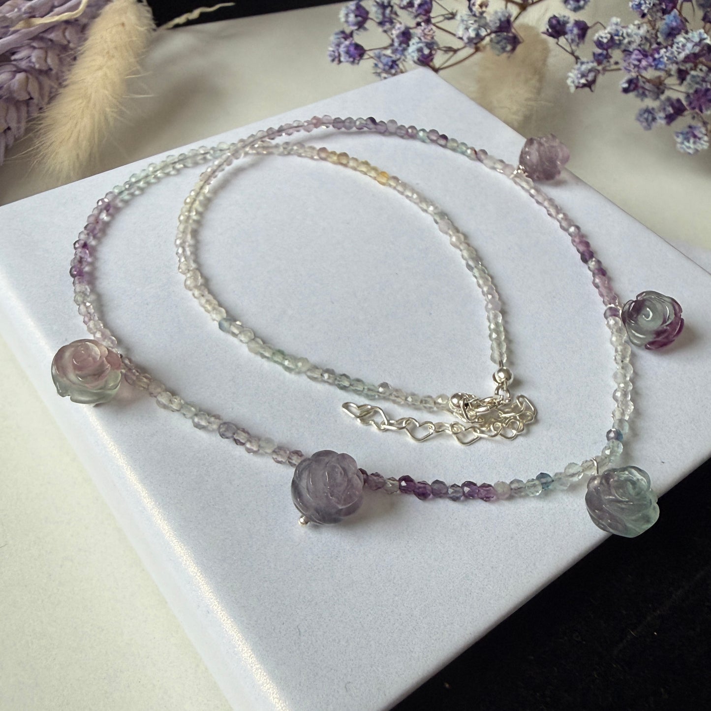 Rose Charm Necklace, 2mm Fluorite February Birthstone Silver Necklace, Choker, Anniversary Gift, Birthday Personalized Gift For Her, Ultra Jewellery