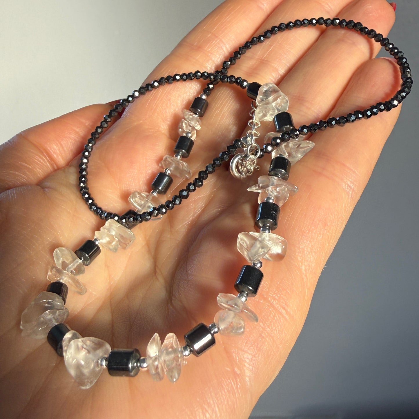 Hematite Rock Crystal Necklace, Quartz Minimalist 2mm Silver Necklace, Choker, Mothers Day Anniversary Birthday Personalized Gift for Her, Ultra Jewellery