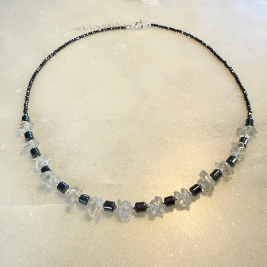 Hematite Rock Crystal Necklace, Quartz Minimalist 2mm Silver Necklace, Choker, Mothers Day Anniversary Birthday Personalized Gift for Her, Ultra Jewellery