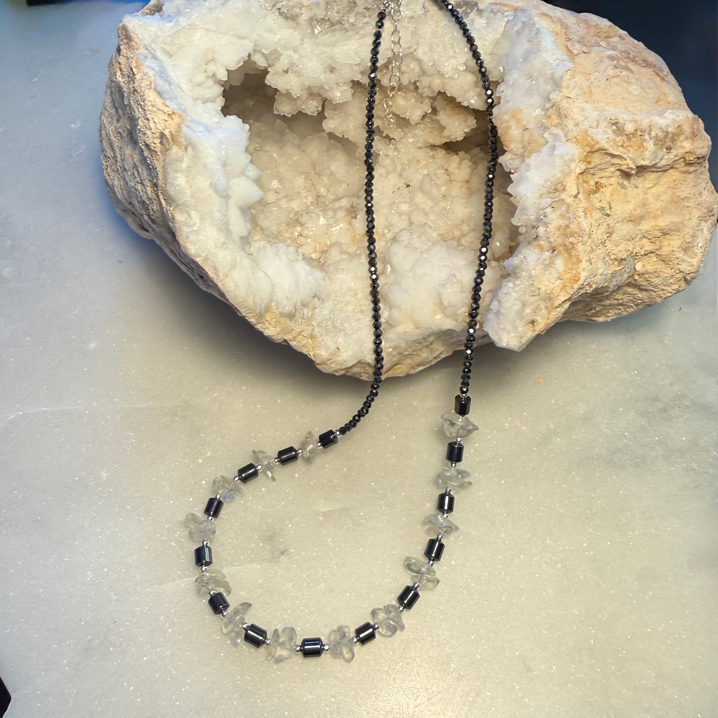 Hematite Rock Crystal Necklace, Quartz Minimalist 2mm Silver Necklace, Choker, Mothers Day Anniversary Birthday Personalized Gift for Her, Ultra Jewellery