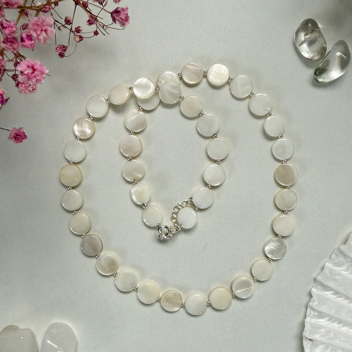 Mother of Pearl Necklace, June Birthstone Beaded Silver Necklace, Mothers Day Anniversary Birthday Christmas Personalized Gift For Her, Ultra Jewellery