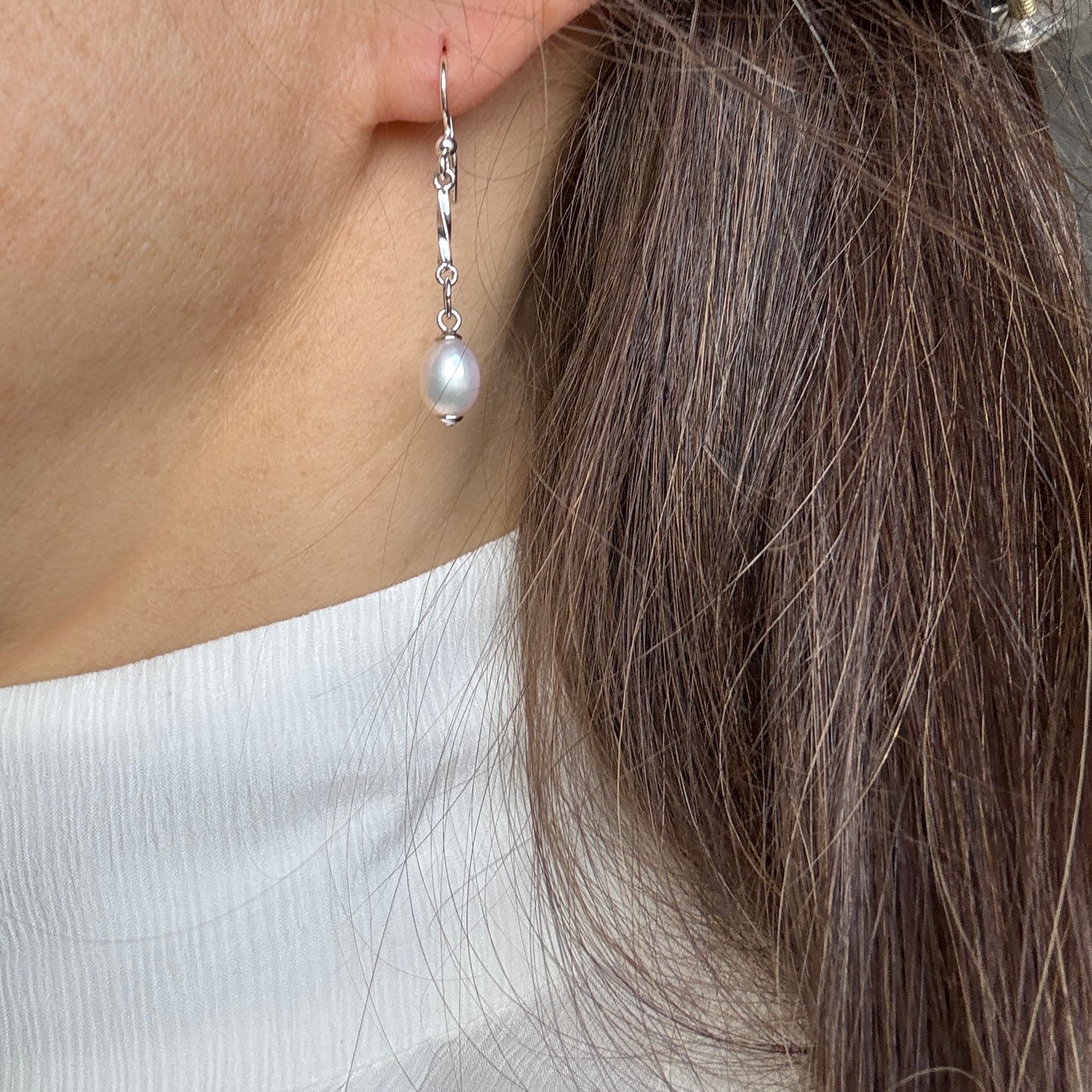 Freshwater Pearl Long Drop Earrings: Sterling Silver Bridal Jewelry