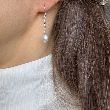 Freshwater Pearl Long Drop Earrings: Sterling Silver Bridal Jewelry