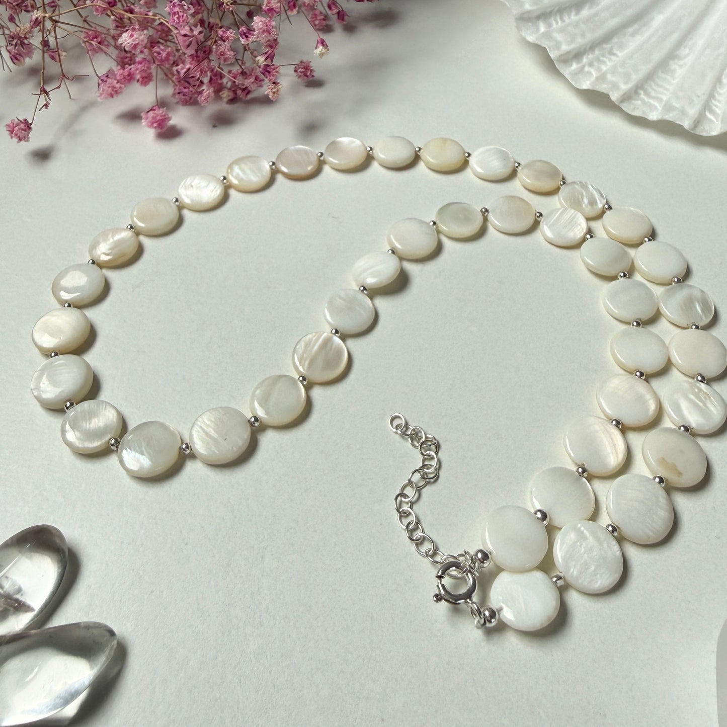 Mother of Pearl Necklace, June Birthstone Beaded Silver Necklace, Mothers Day Anniversary Birthday Christmas Personalized Gift For Her, Ultra Jewellery
