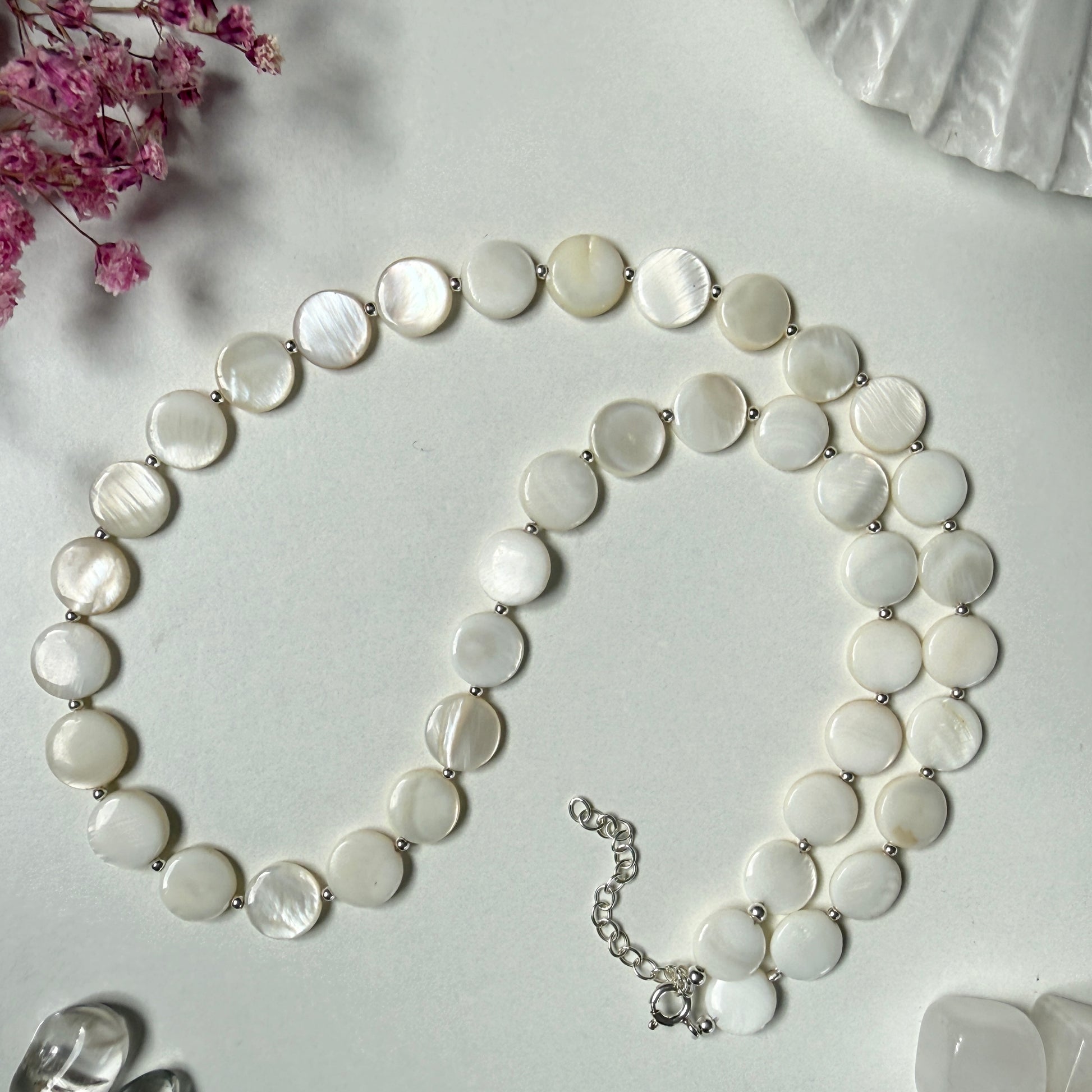 Mother of Pearl Necklace, June Birthstone Beaded Silver Necklace, Mothers Day Anniversary Birthday Christmas Personalized Gift For Her, Ultra Jewellery