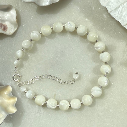 Sterling Silver Mother of Pearl Bead Bracelet: Bridal Jewelry