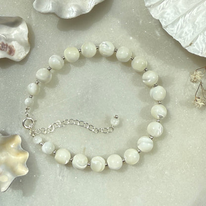 Sterling Silver Mother of Pearl Bead Bracelet: Bridal Jewelry