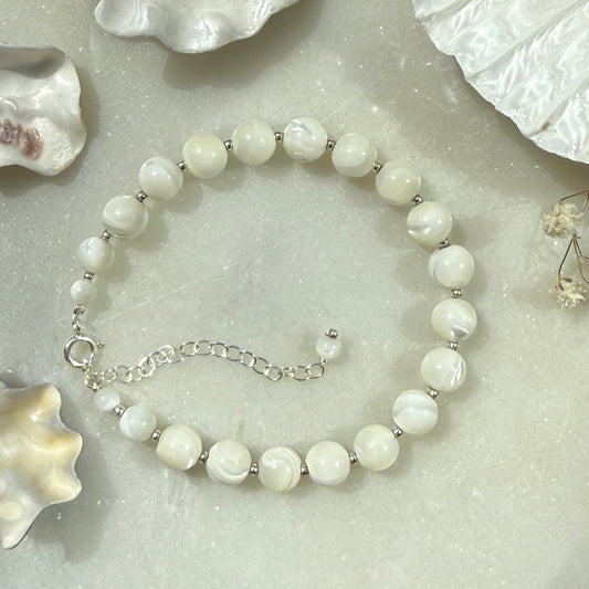 Sterling Silver Mother of Pearl Bead Bracelet: Bridal Jewelry