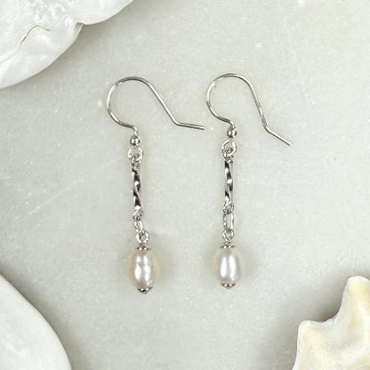 Freshwater Pearl Long Drop Earrings: Sterling Silver Bridal Jewelry
