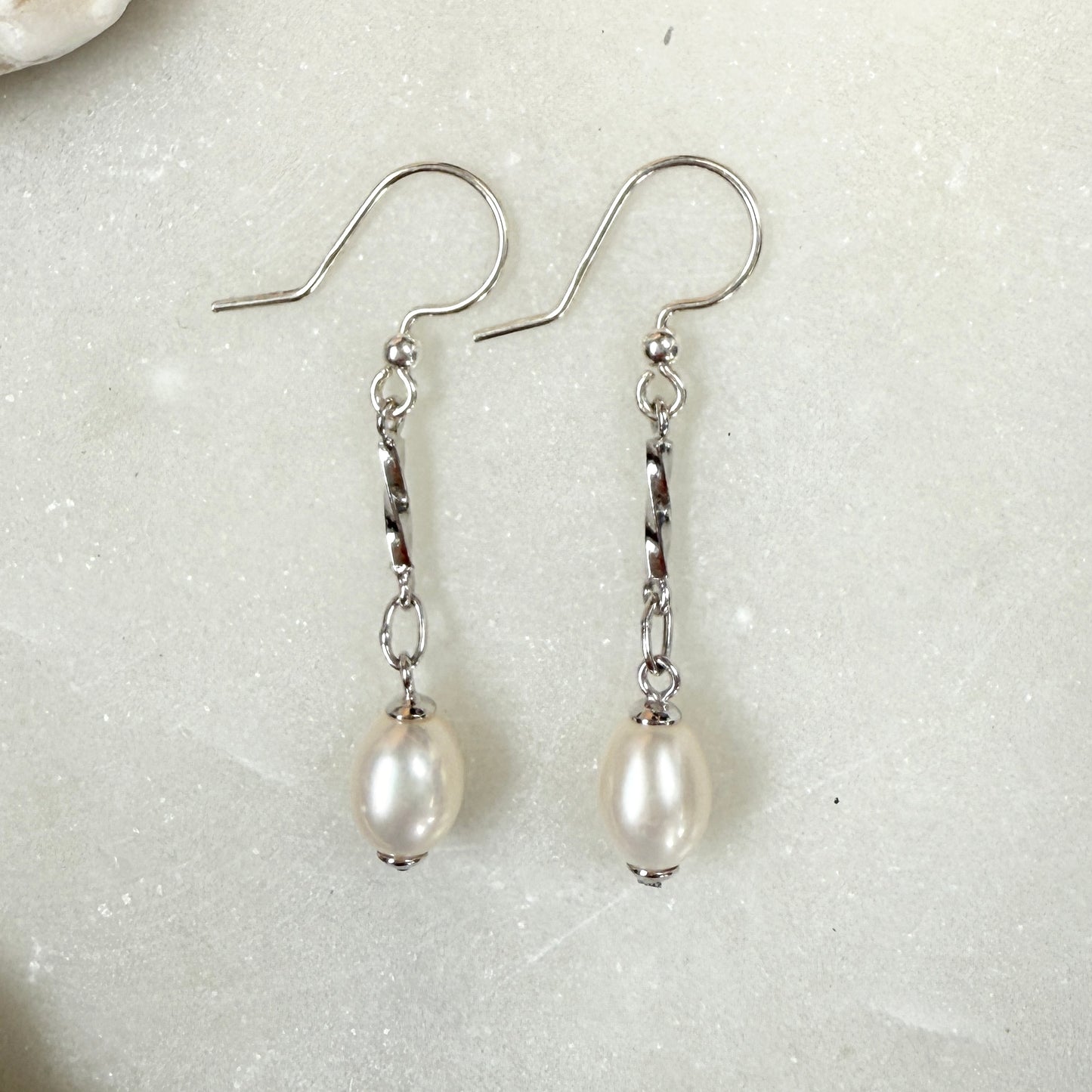 Freshwater Pearl Long Drop Earrings: Sterling Silver Bridal Jewelry