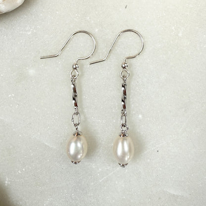 Freshwater Pearl Long Drop Earrings: Sterling Silver Bridal Jewelry