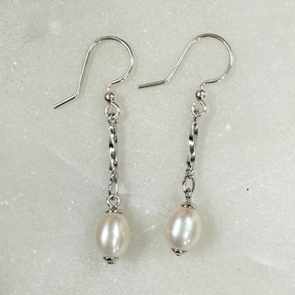Freshwater Pearl Long Drop Earrings: Sterling Silver Bridal Jewelry