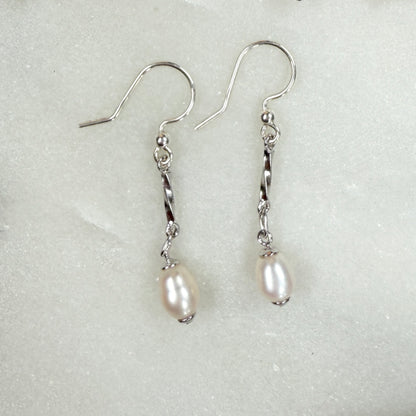 Freshwater Pearl Long Drop Earrings: Sterling Silver Bridal Jewelry