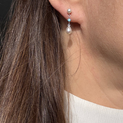 Pearl Stud Earrings, Turquoise Freshwater Pearl Earrings, Silver Earrings